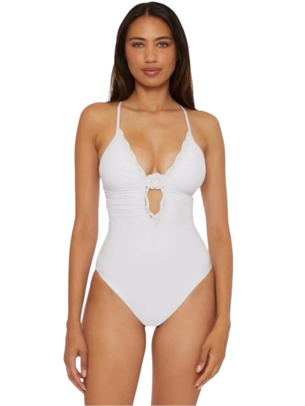 BECCA Colette Clare Plunge Crochet One Piece Swimsuit White NWT Size Large